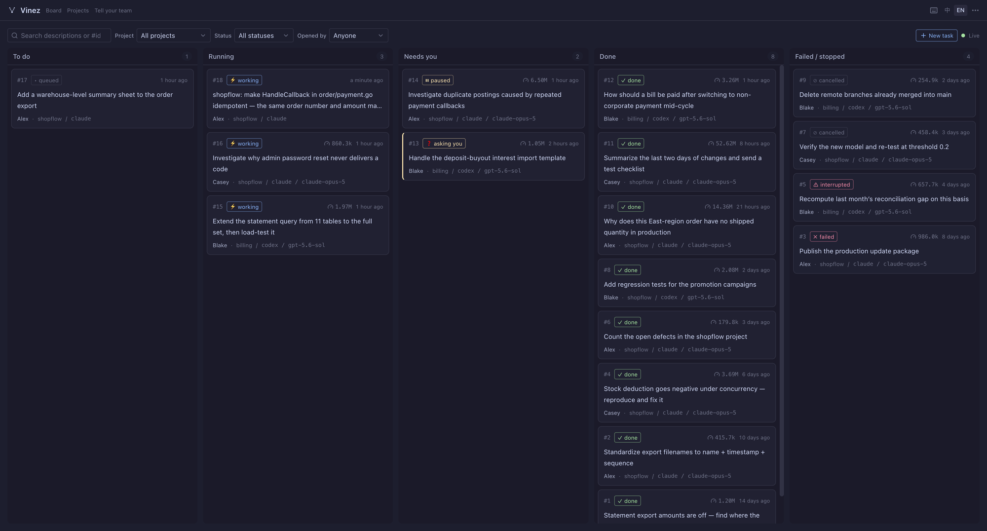 The Vinez board: every task your team has in flight or finished, in five columns